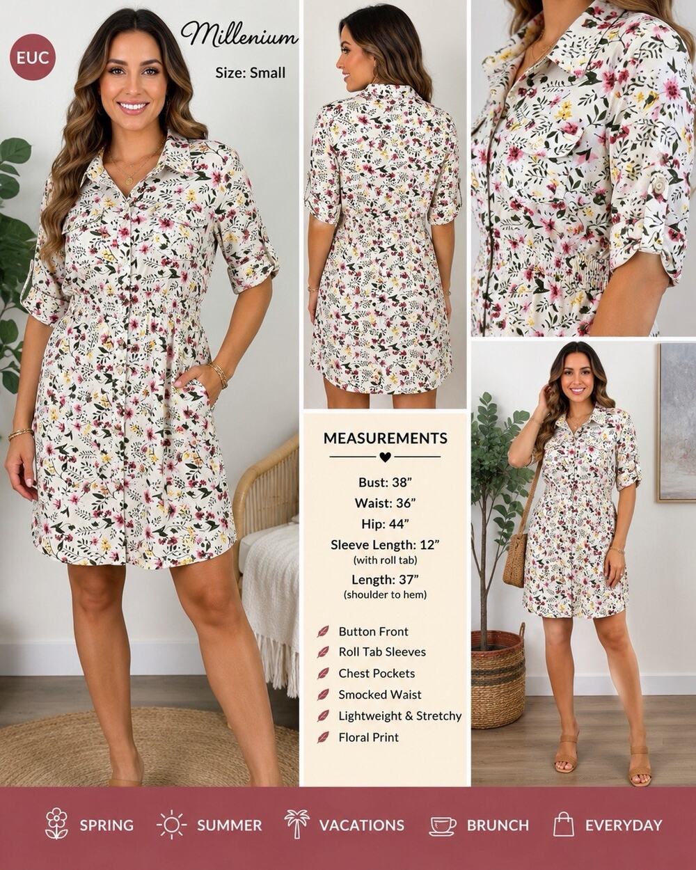 Millenium Women’s Small Button Up Floral Shirt Dress Multicolor Roll Tab Sleeves